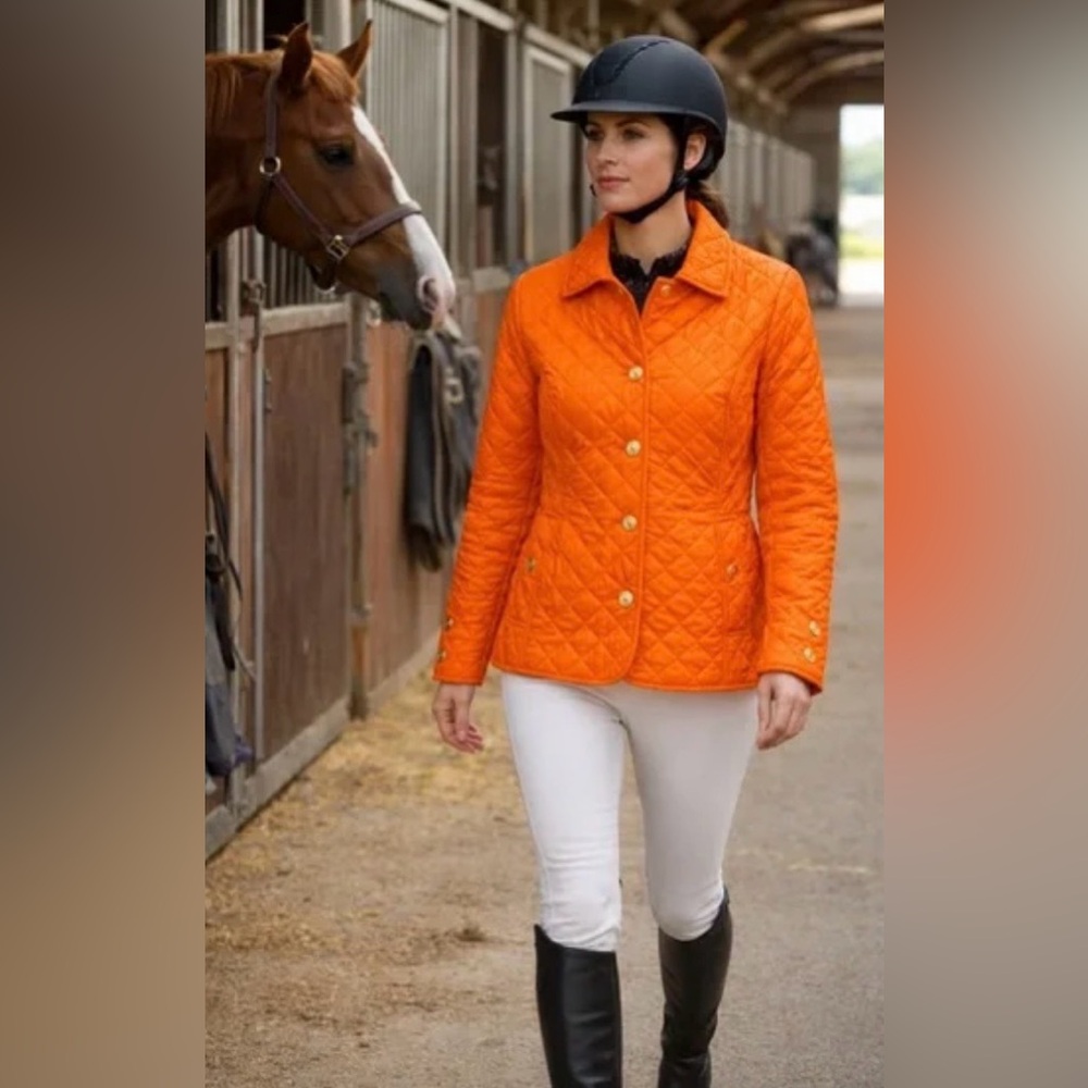C. Wonder Quilted Barn Jacket Bright Orange Diamond Quilt Equestrian Riding